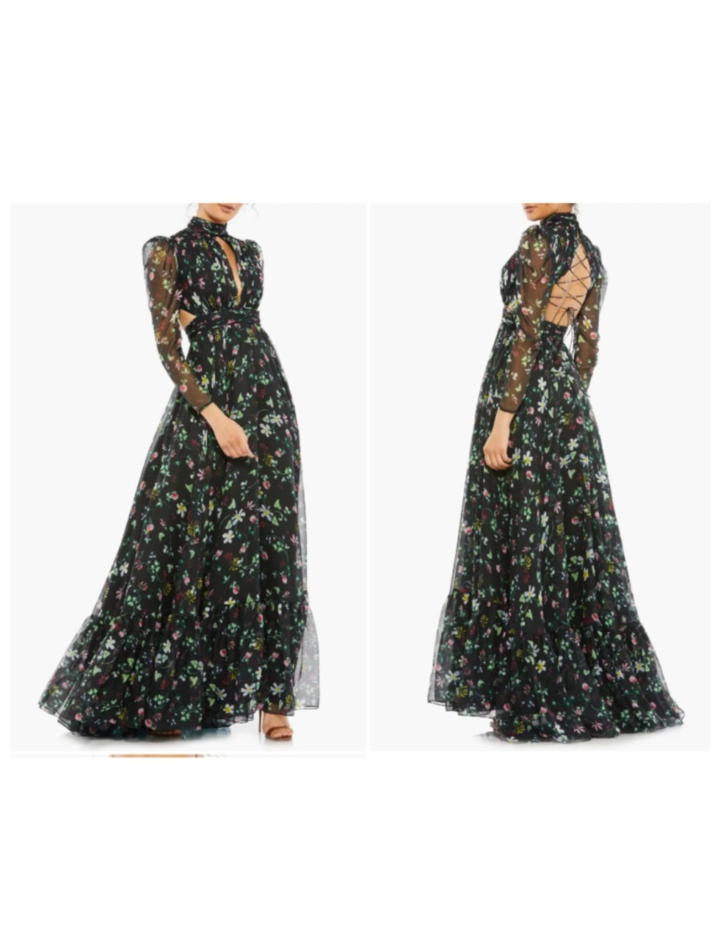 Women's Mac Duggal Black Floral Chiffon Maxi Dress Size 0